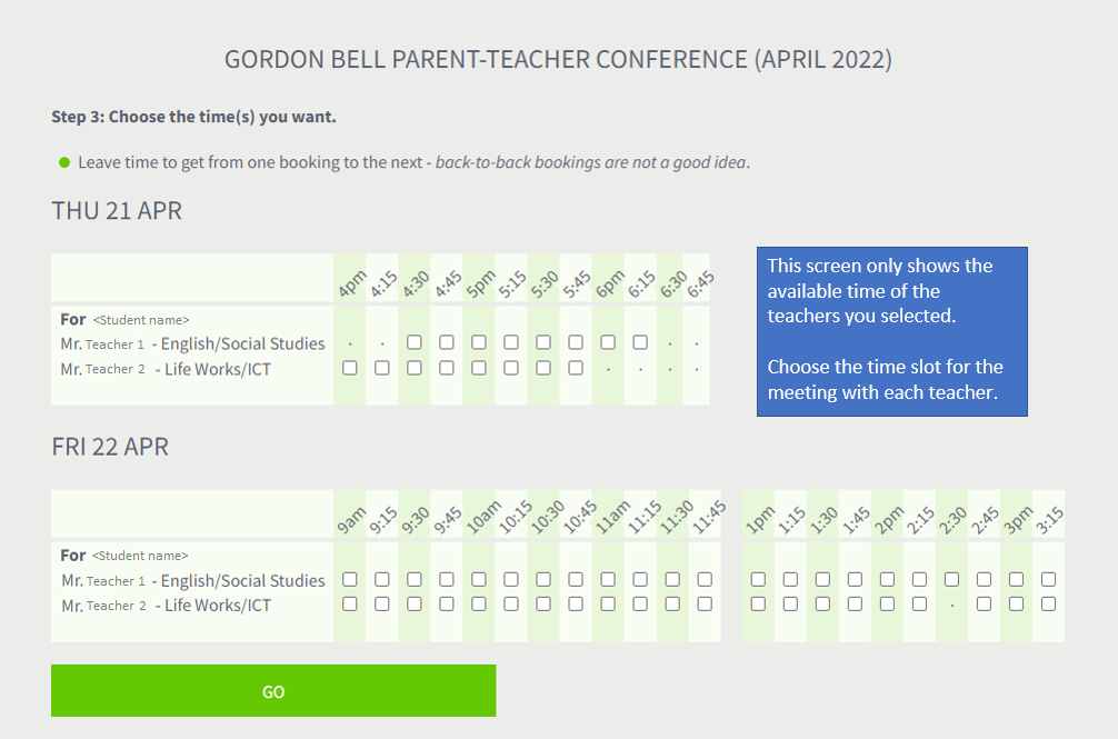 Booking Student Parent Teacher Conference
